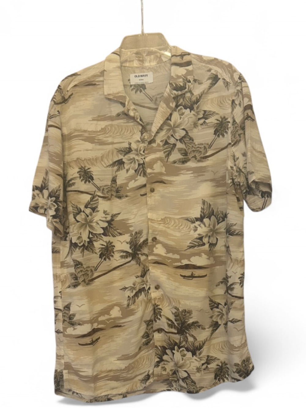 Old Navy Men's M Tall Hawaiian Floral Short Sleeve Button-Up Shirt Beige